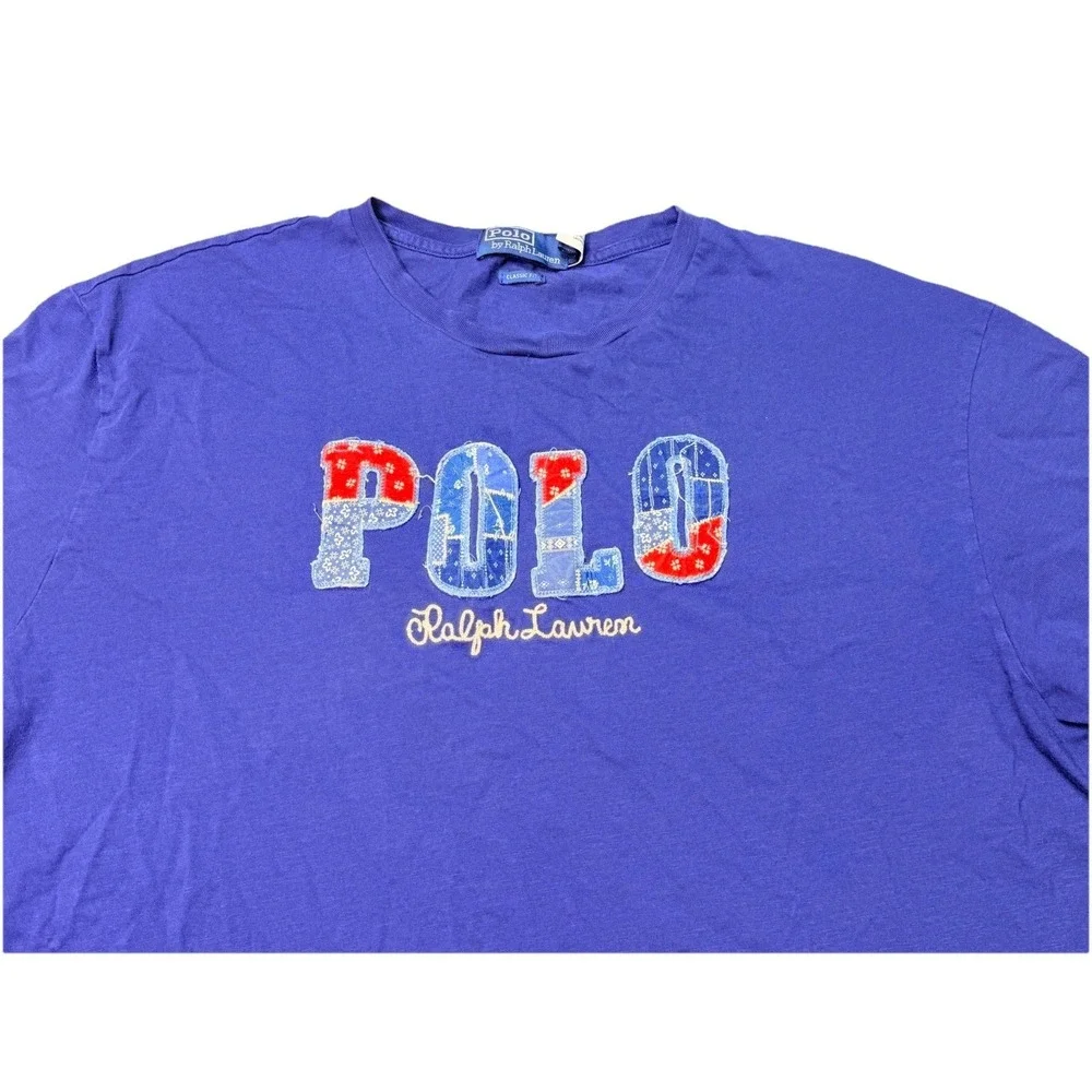 Polo Ralph Lauren XL Blue Patchwork POLO Spellout T Shirt Americana Tee